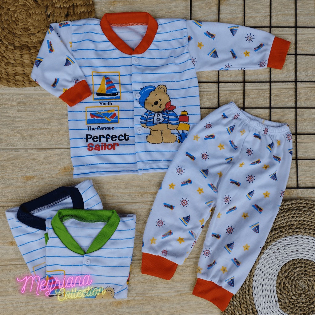 Setelan Piyama Baju Bayi Kaos Oblong Kancing Depan Lengan Panjang Baju Tidur Anak Usia 3-12 Bulan Motif SAILOR Meyriana Collection