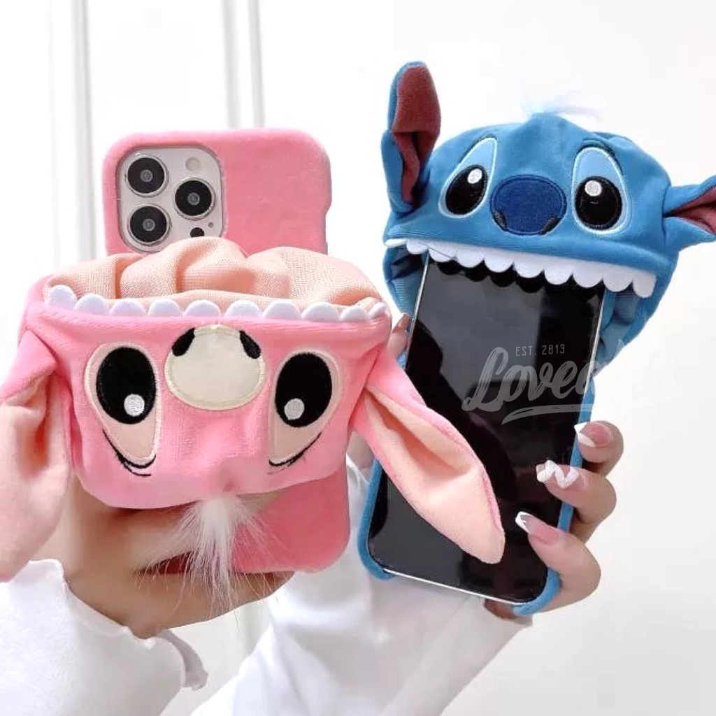 Stitch hoody case 3D velvet silicone bagian dalam bludru for iPhone 11 12 13 14 pro max (no mini)