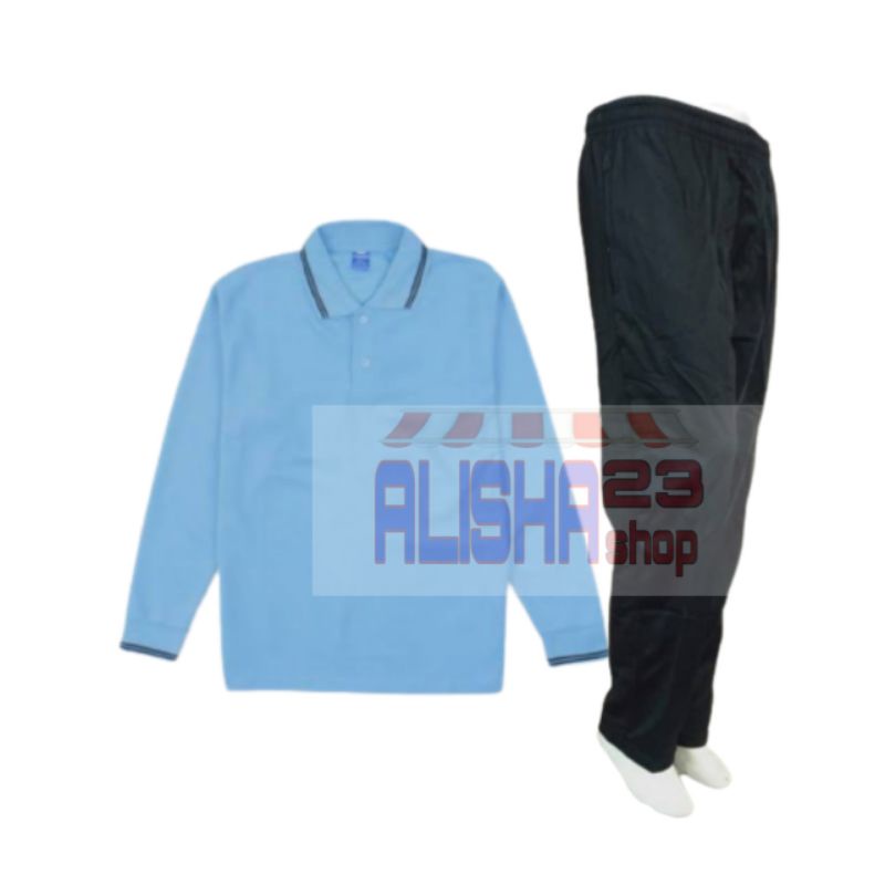 Setelan kaos kerah biru muda lengan panjang/ seragam training hitam polos olahraga/ stelan baju olah