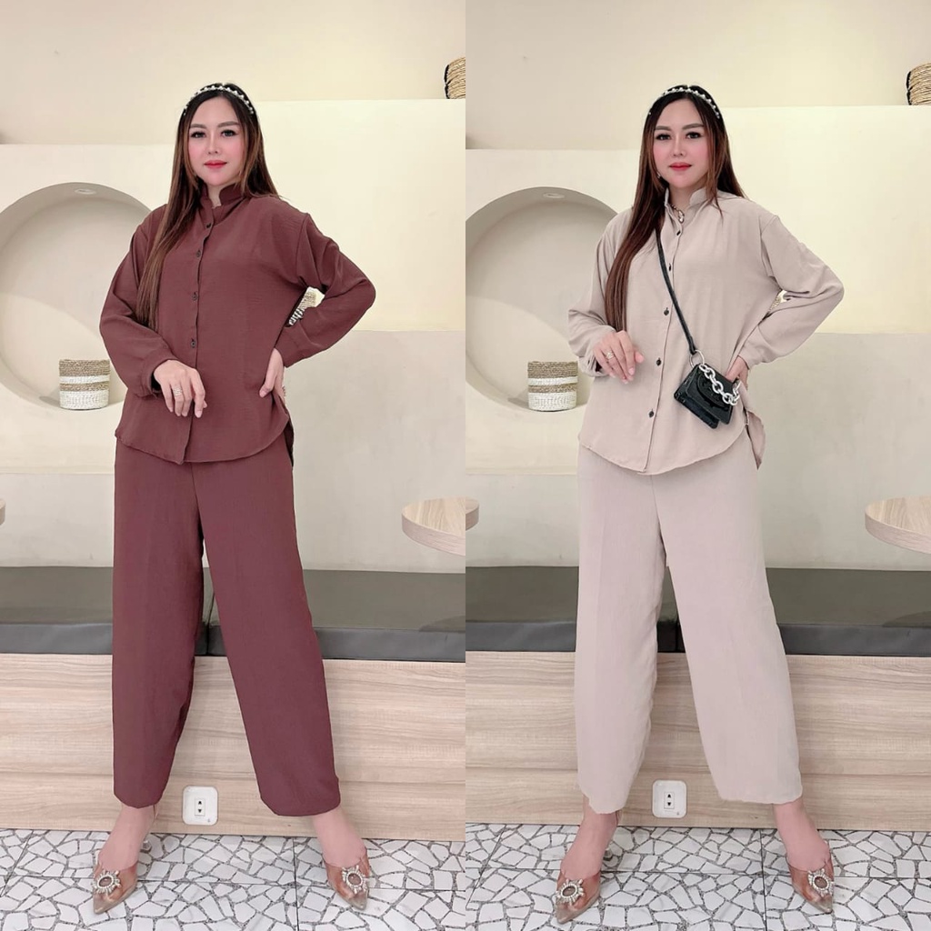 One set crinkle airflow polos/one set wanita daily/setelan crinkle jumbo