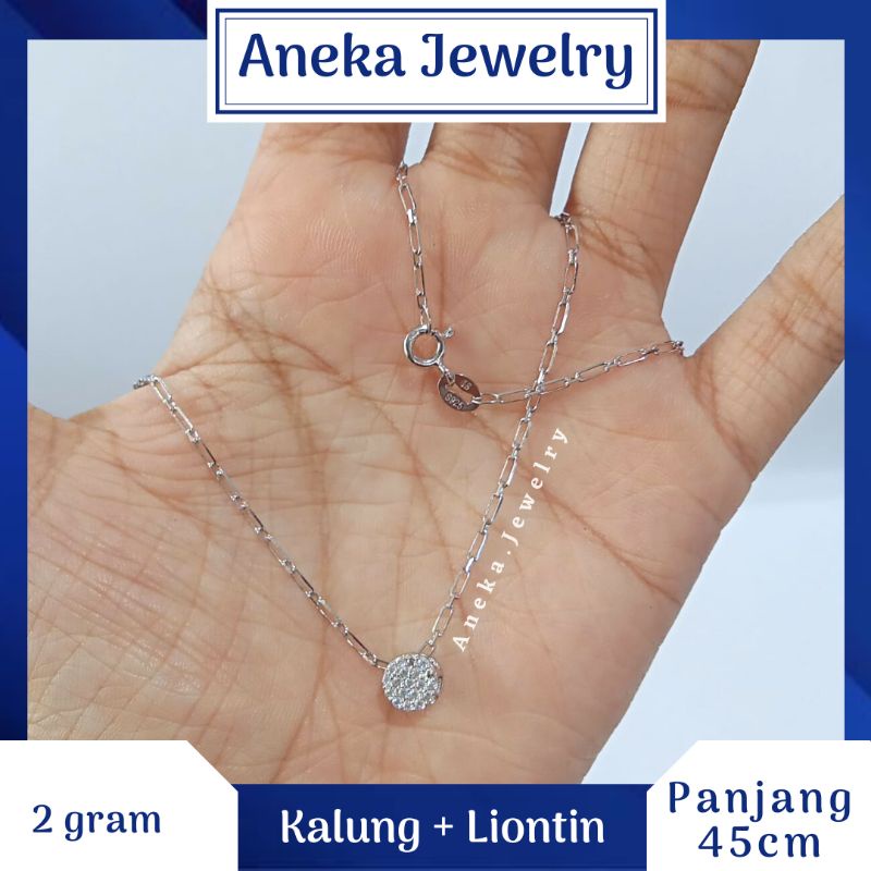 Kalung PaperClip + Liontin Bulat Full Mata, Sepuh Emas Putih, Perak 925