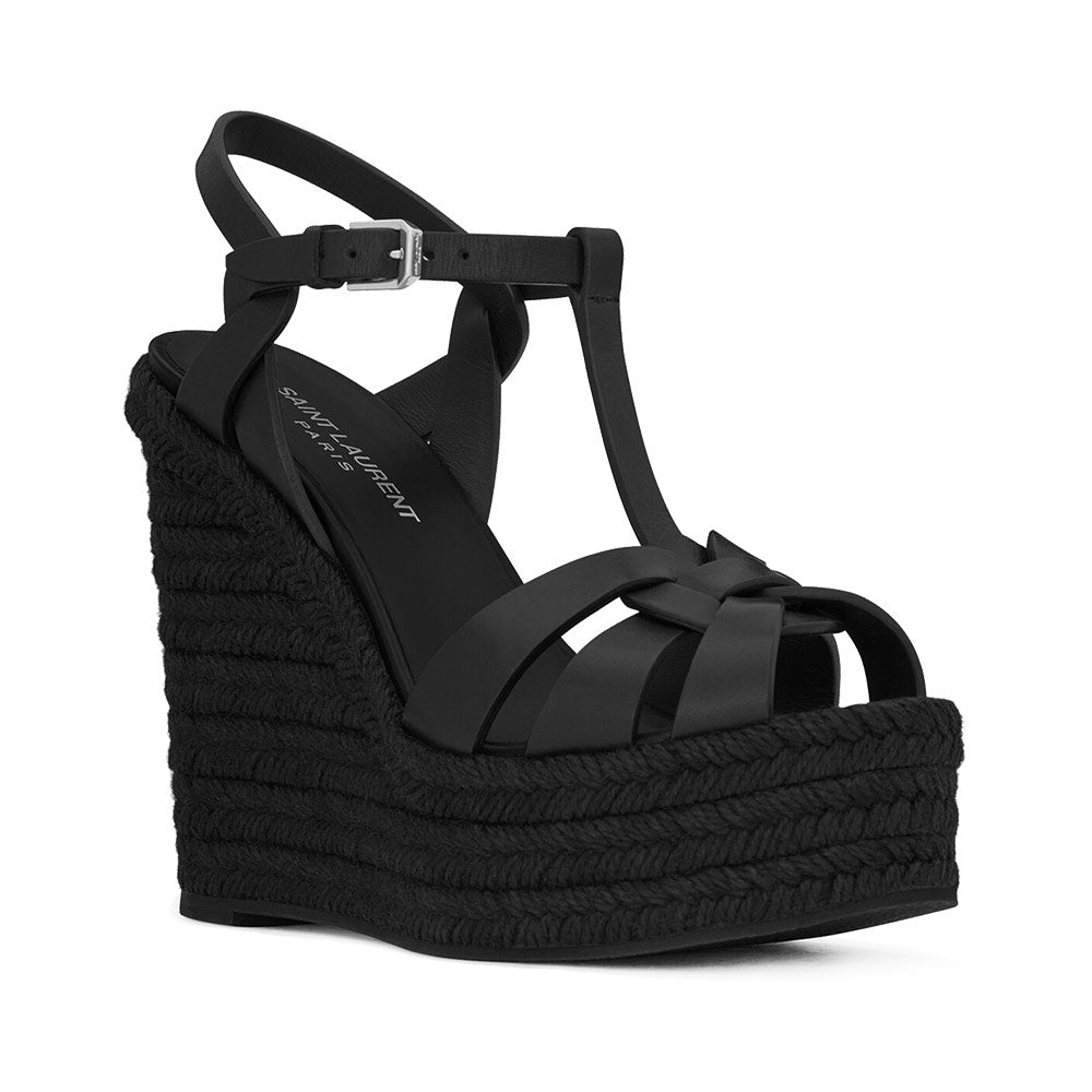 Snt Laurent Tribute Espadrilles 12cm Wedge Sandal Black Calf