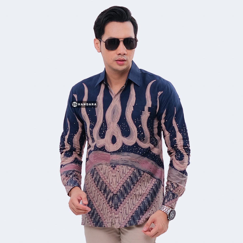 Handara Batik Pria Casual Lengan Panjang Slim Fit Premium Legowo Navy Pink HB-330