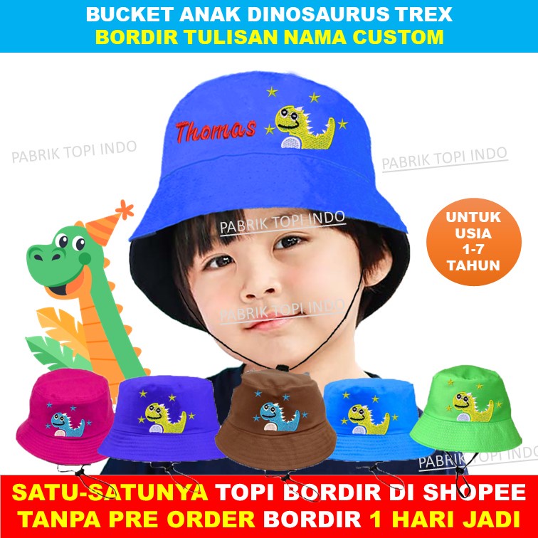 Topi Dino Topi Trex Bucket Anak Dinosaurus dan Bordir Nama Anak Usia 1 - 7 Tahun