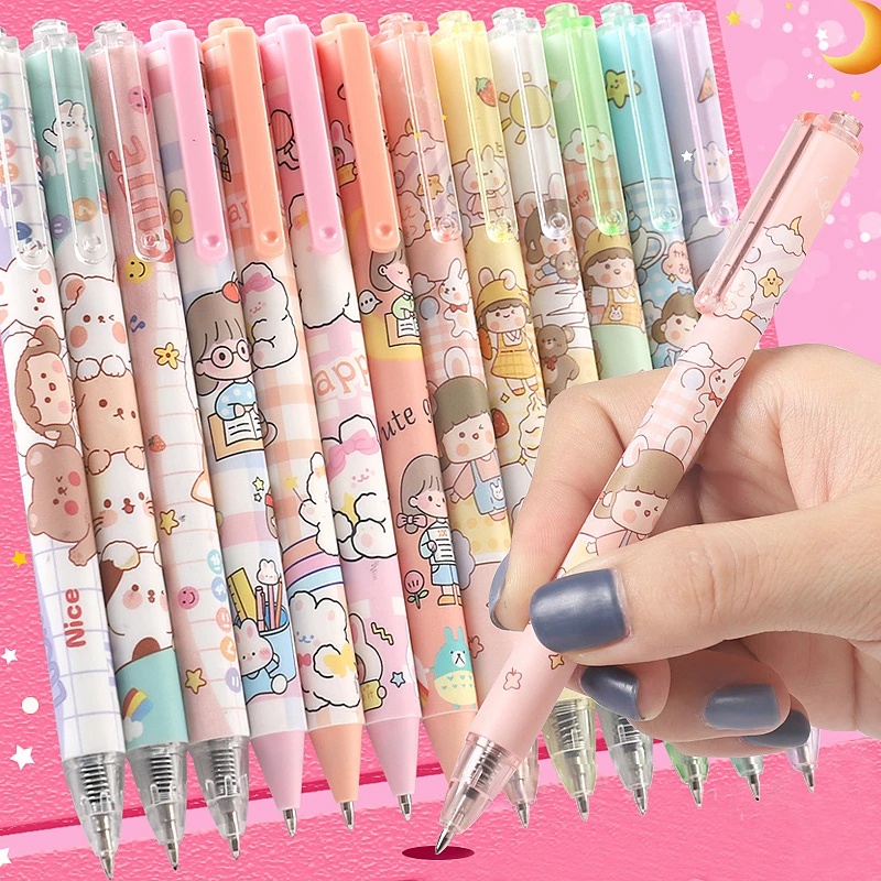 Cute Style INS Pena Menulis Halus Hitam Gel Tinta Flex Press Pulpen Ballpen Tanda Tangan Siswa Kartun Untuk Diary Scrapbooking Menggambar Sekolah Kantor Hewan Perlengkapan Alat Tulis