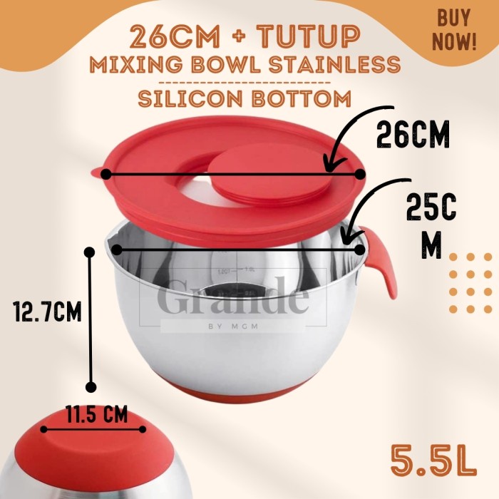 Silicone NON SLIP Mixing Bowl Stainless Plus Tutup 26cm baskom 5.5L