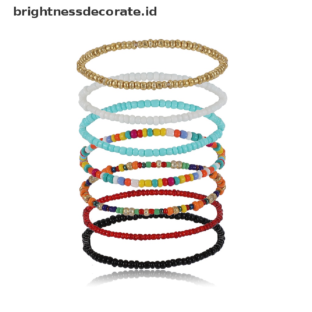 [Birth] 7pcs Manik-Manik Kecil Warna-Warni Bohemia Bangle Gelang Elastis Set Perhiasan Aksesori [ID]