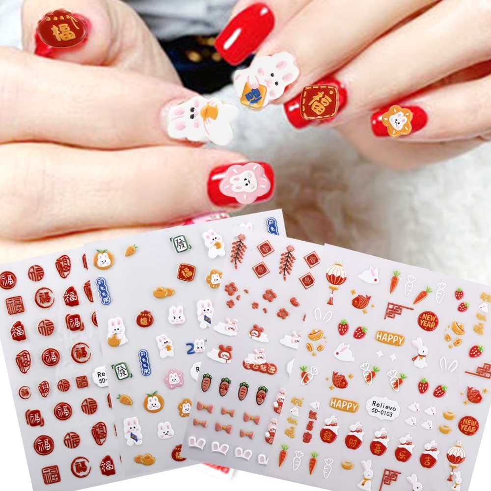 AUGUSTINA Agustina Stiker Kuku Imlek Relief Perekat Diri Wortel Hewan Manicure Aksesoris Nail Art Dekorasi