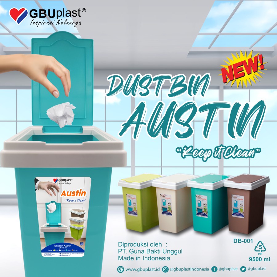 GBUPlast Tempat Sampah Plastik Dustbin Austin 9.5 Liter DB 001 / Tempat Sampah Warna Random