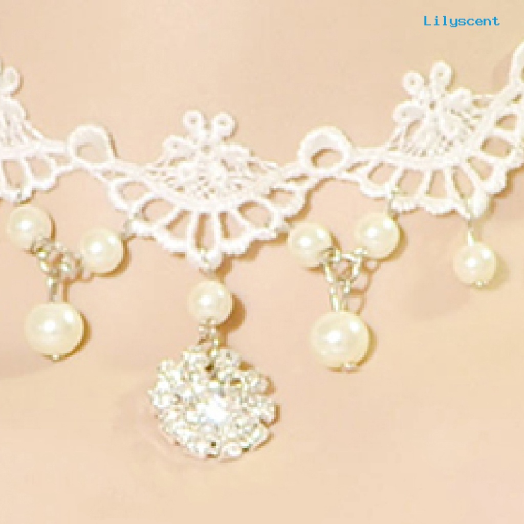 Ls Kalung Hollow Mudah Dipakai Mutiara Imitasi Faux Pearl Sexy Gaya Rock Lace Choker Untuk Kehidupan Sehari-Hari