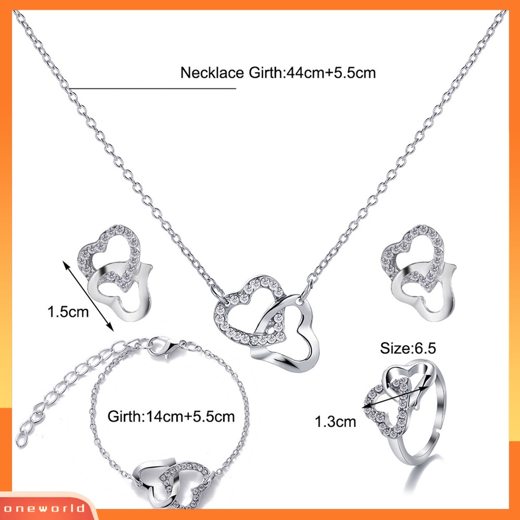 [oneworld] 4pcs/set Kalung Anting Cincin Gelang Hollow Keluar Liontin Hati Perhiasan Gaya Korea Set Perhiasan Sederhana Untuk Pakaian Sehari-Hari