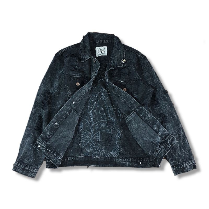 Galfinc Jaket Jeans Ripped Pria + Doodle Art Black Wolf Howl