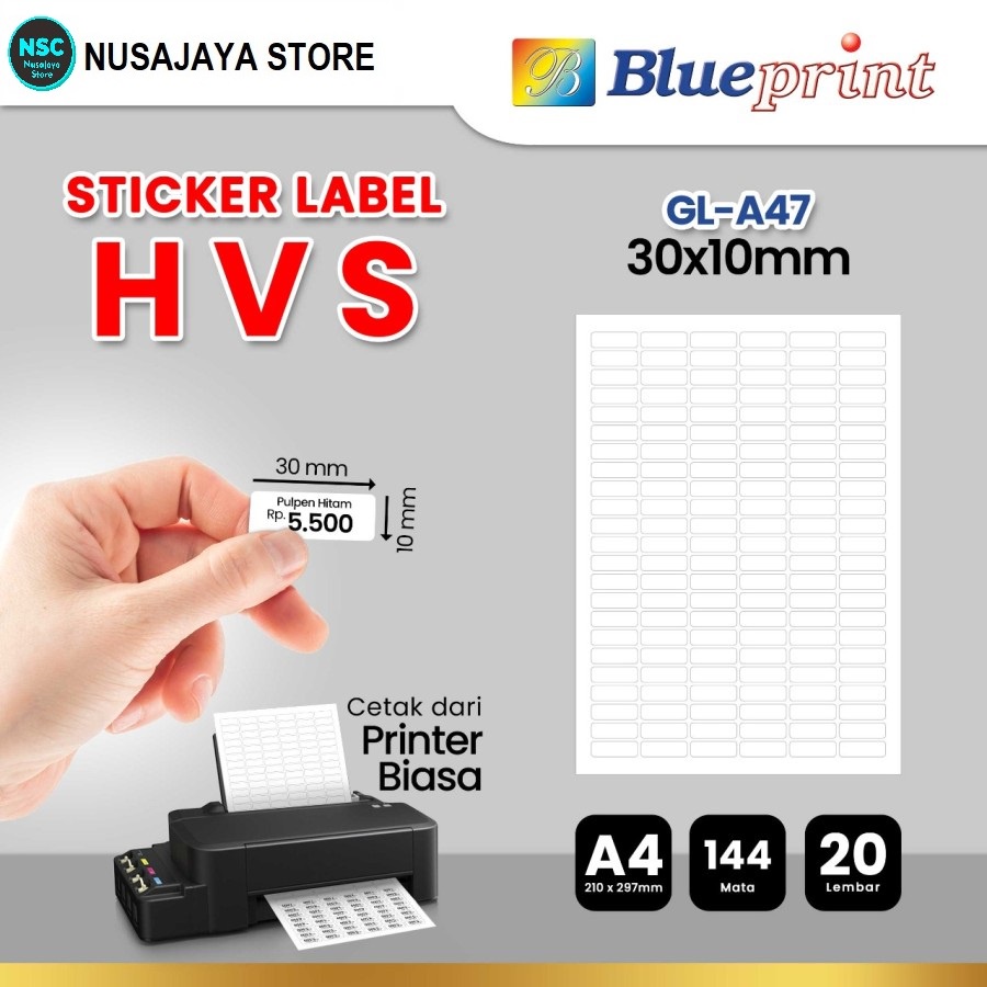 

Kertas Stiker Label HVS Doff A4 BLUEPRINT Uk 30 x 10 mm - 20 lembar