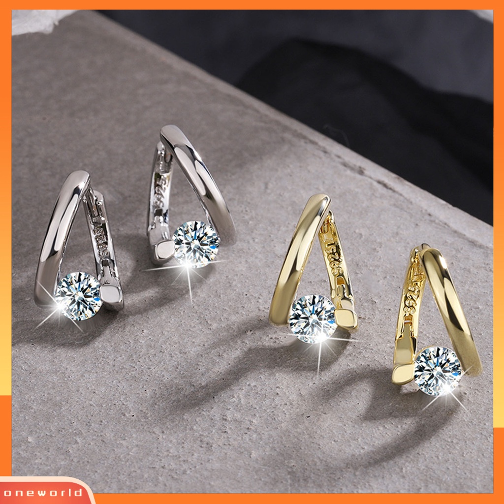 {oneworld} 1pasang Wanita Anting Geometris Berlian Imitasi Perhiasan Berkilau Cubic zirconia Stud Earrings Hadiah Ulang Tahun