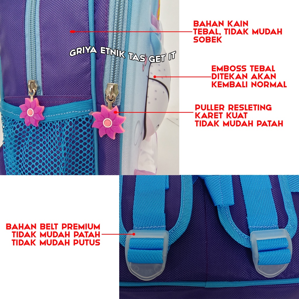 TAS PREMIUM Tas Sekolah Anak Perempuan TK PAUD Terbaru Tas Gendong Cewek Mini Karakter Frozen Unicorn Tas Ransel Anak Kecil Gambar Timbul Emboss