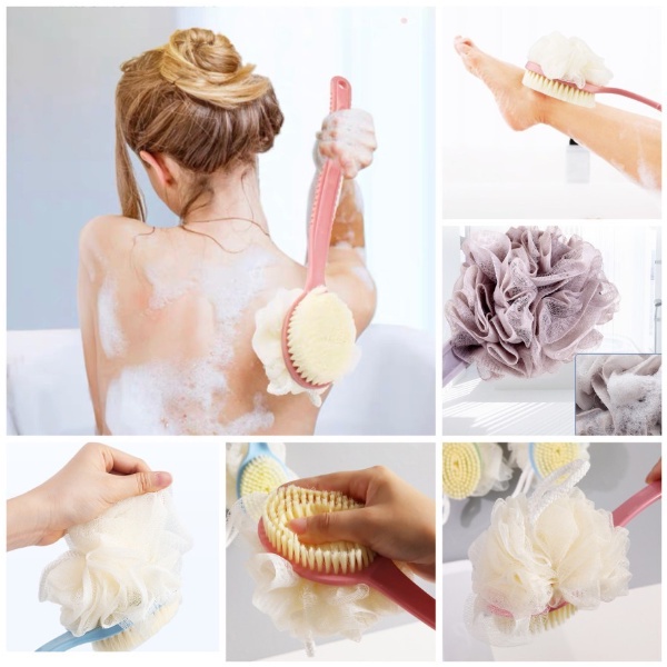 BAJ Sikat Punggung Shower Puff 2in1 Alat Bantu Pembersih Penggosok Badan 2 Sisi Body Brush + Spons Double Side Long Handle Tongkat Mandi Gagang Panjang Serbaguna Sponge Spon Busa Sabun PR114