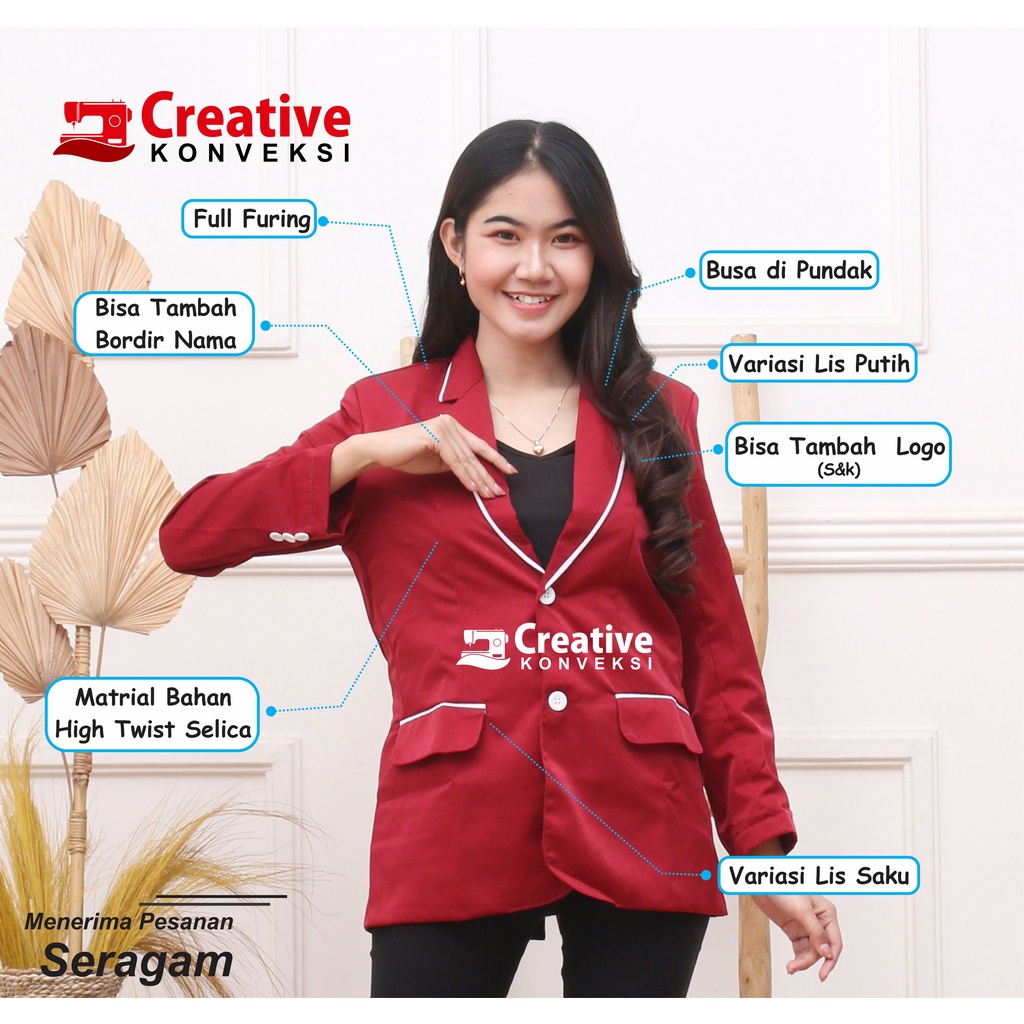 (BISA COD) Jas Blazer Pria wanita Formal Kancing dua Slim Fit jas warna merah maroon lis putih / jas almamater sekolah / jas osis / jas pondok pesantren