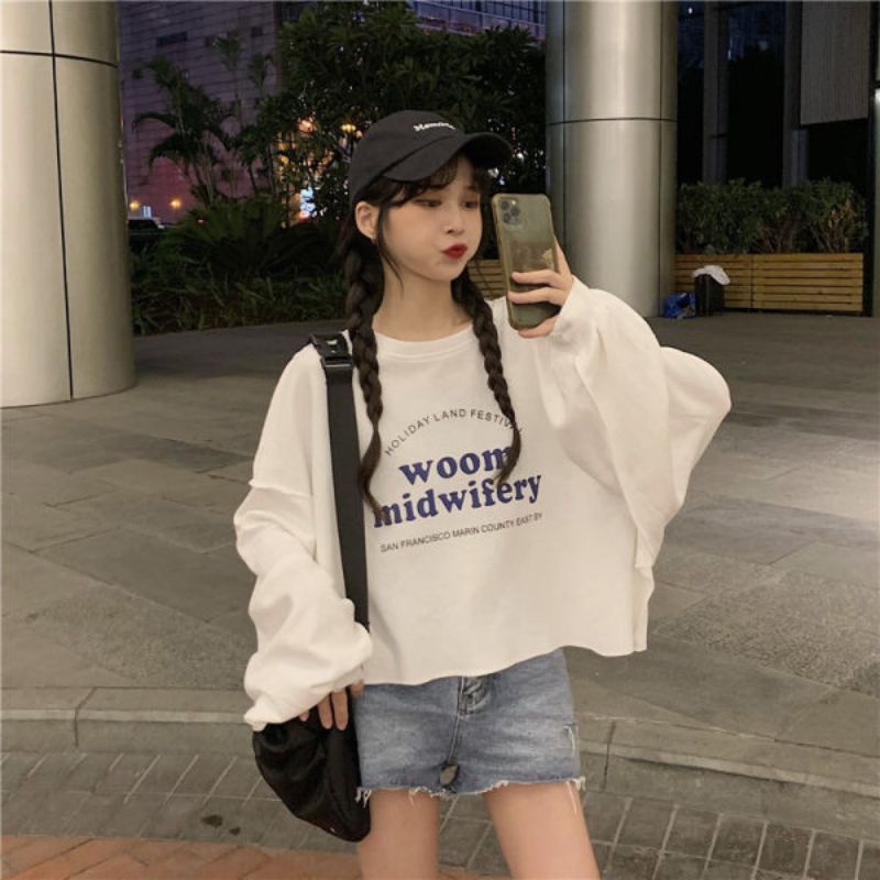 Sweater Crop Top Wanita OVERSIZED (S - 6XL) Atasan Cropped Fleece Bigsize HOLIDAY WOOM Korean Harajuku Style Streetwear Hoodie Croptop S M L XXL XXXL 4XL 5XL XXXXL Ulzzang Women Fashion Jumbo Denim Navy Dongker Putih Jaketin Aja Loose Long Sleeve