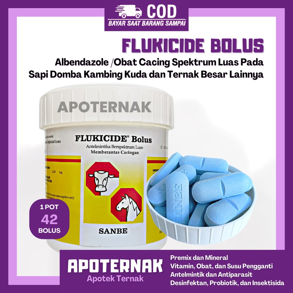 FLUKICIDE 42 BOLUS | Albendazole Obat Cacing Spektrum Luas Untuk Sapi Kambing Kuda dan Hewan Besar Lain | SANBE