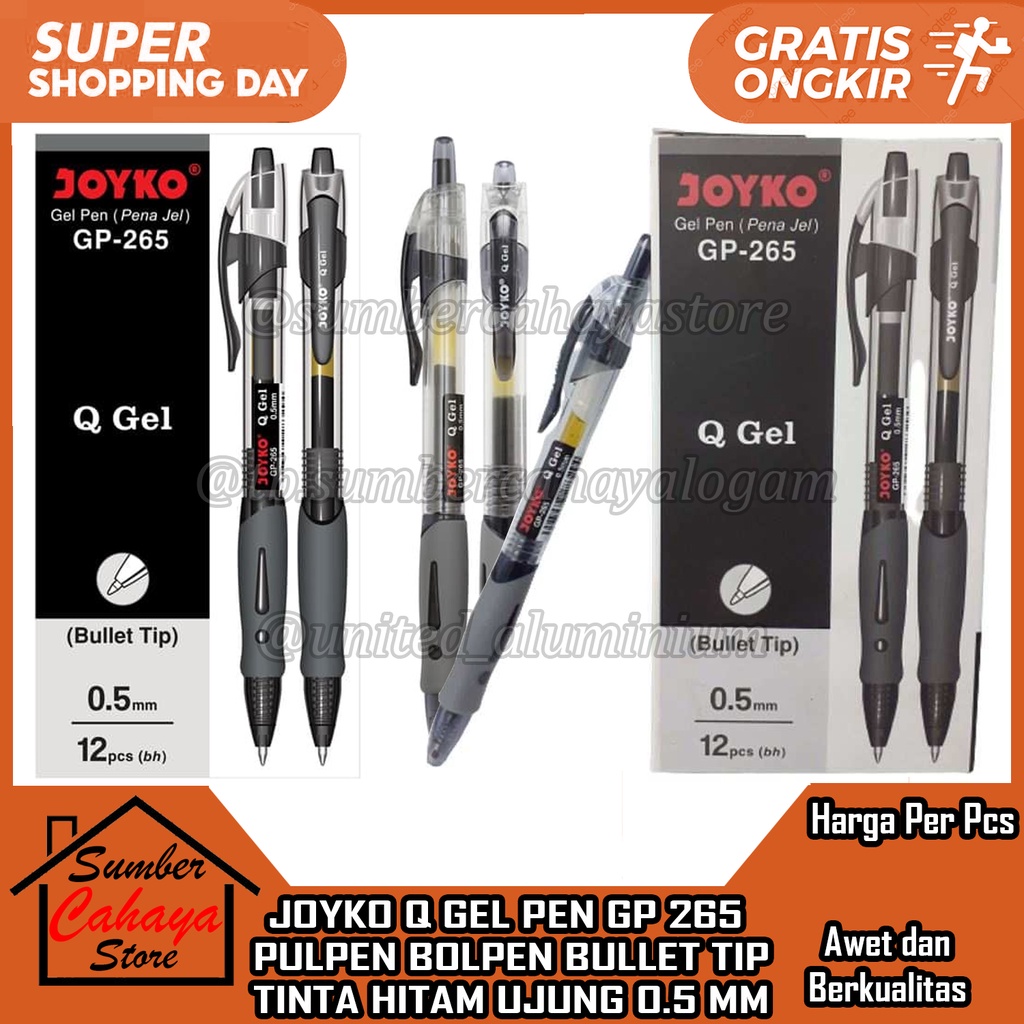 

JOYKO Q GEL PEN PULPEN GP 265 BULLET TIP GELL JOIKO GP265 BOLPEN TINTA BLACK HITAM PENA LANCIP BOLPOIN 1 PCS 12PCS KOTAK PAK BALLPEN BALL BALPEN BALPOINT LUNCIP BOLPOIN JEL MATA TULIS MENULIS BALLPOINT BOLPAIN MERAH BIRU BOLPOINT BASAH
