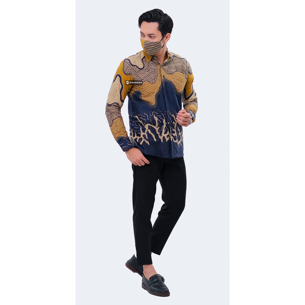 Handara Batik Pria Lengan Panjang Slim Fit Premium Horizon Biru Mustard HB-298