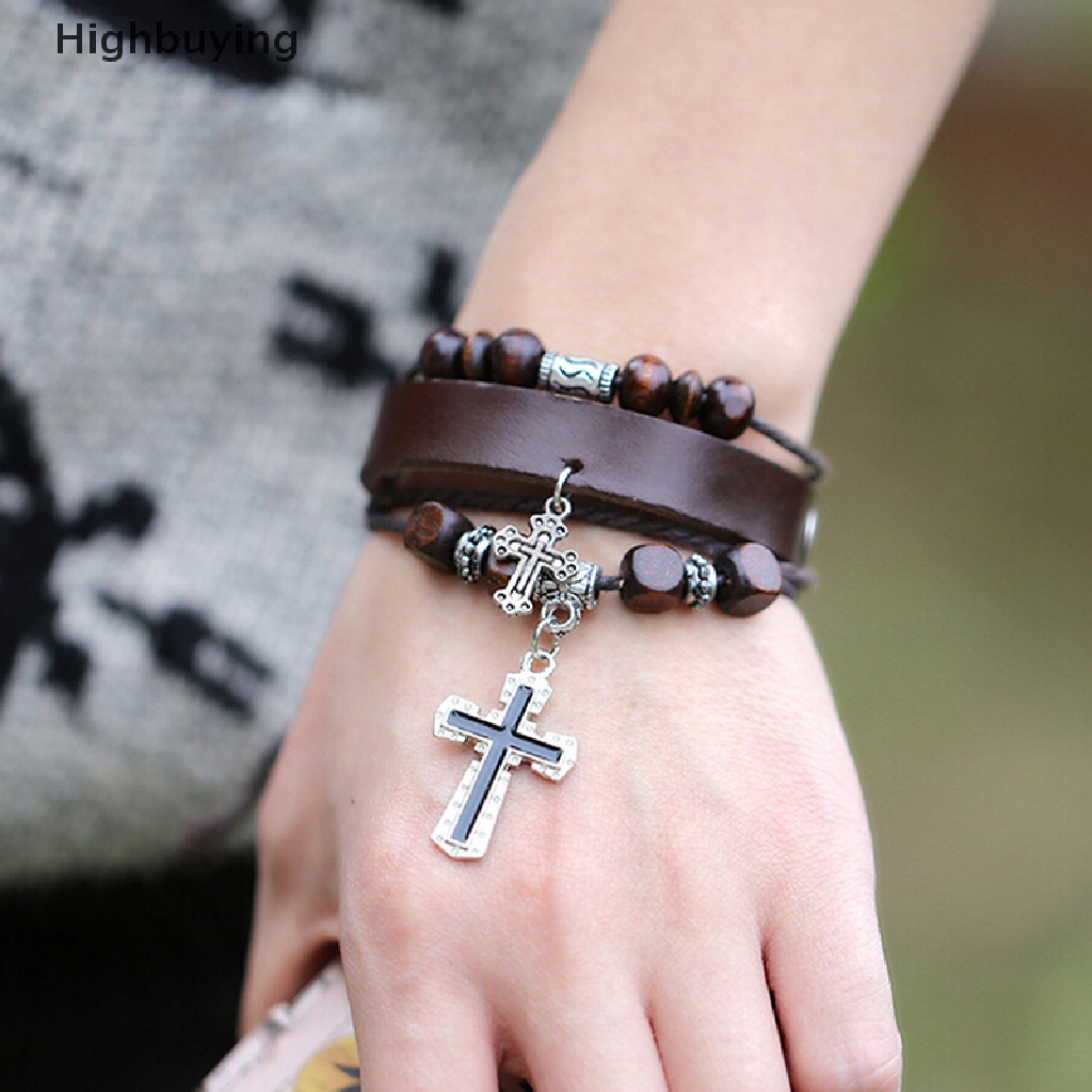 Hbid Hot Stylish Faux Leather Punk Gelang Bangle Salib Liontin Bungkus Gelang Glory