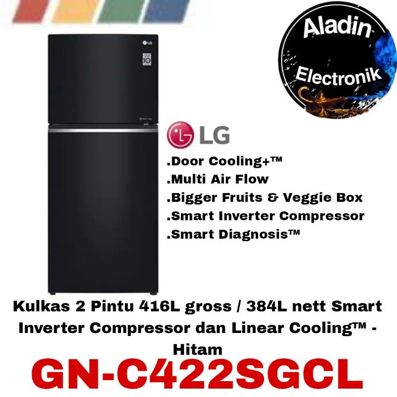 LG GN-C422SGCL Kulkas Inverter 2 pintu 416L Door Cooling+, Black Glass
