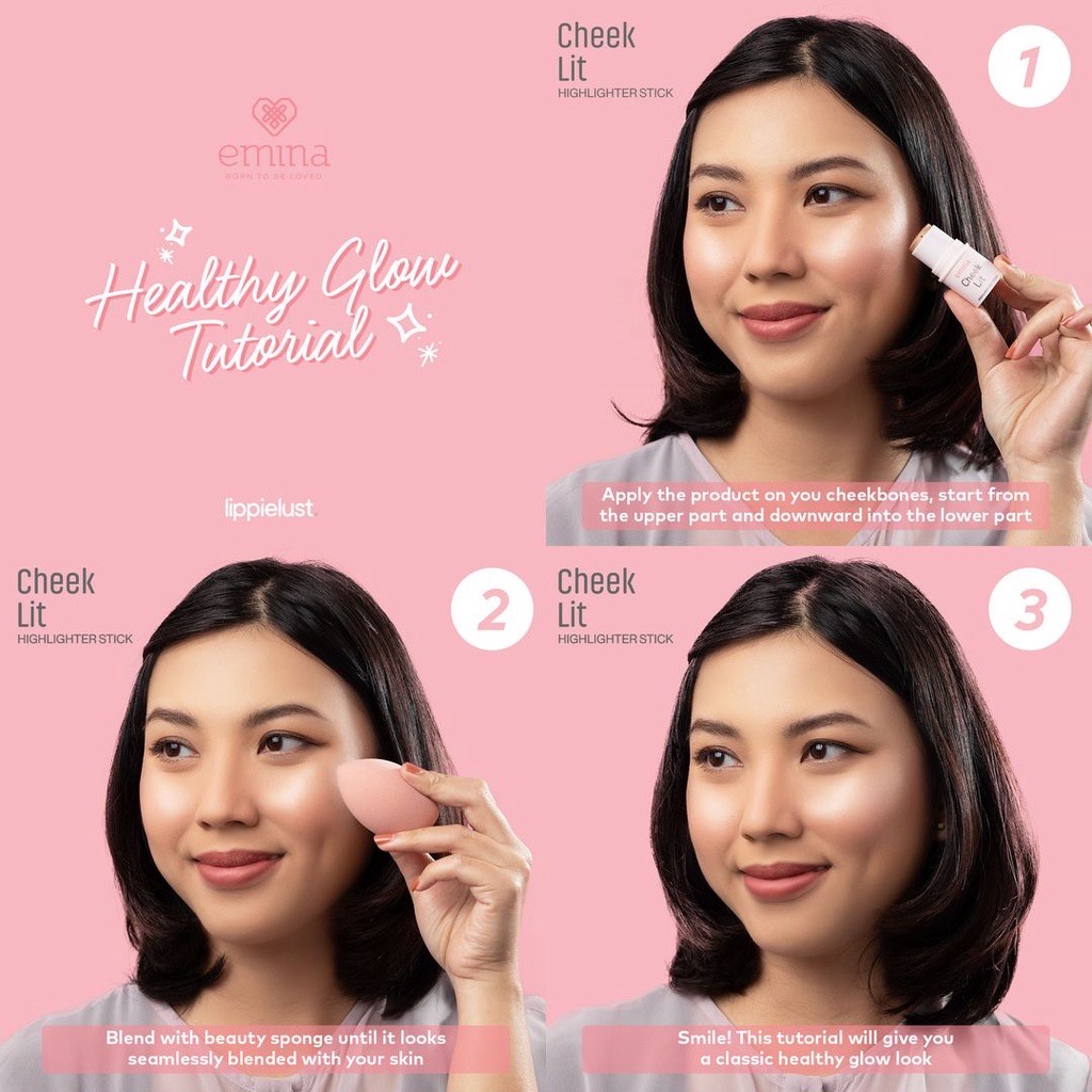 EMINA Cheek Lit Series Indonesia / Blush Stick Cream Pressed Highlighter Powder Nudesparkle / Natural Glowing Flawless Matte Finish / Cosmetic Kosmetik Makeup Face Eye Make Up Series / Compact Bedak Padat Tabur Blushon Bluser Perona Pipi Contour