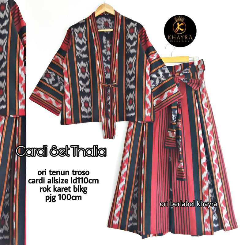 Setelan cardi dan rok tenun thalia merah