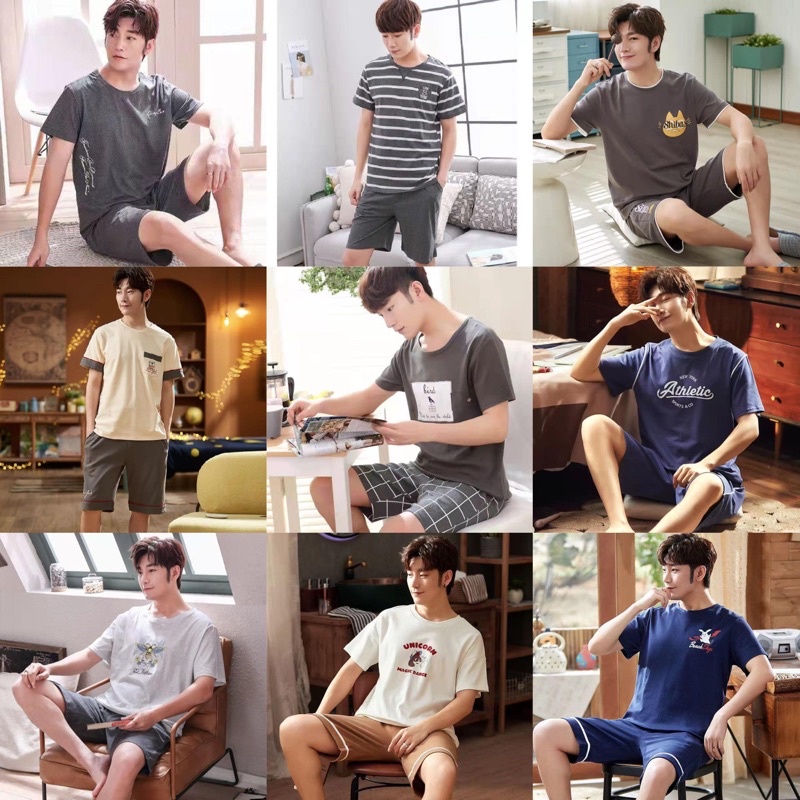BAJU TIDUR PIYAMA COWOK KAOS KATUN ADEM HALUS IMPORT BERKUALITAS LENGAN PENDEK SETELAN CELANA PENDEK WARNA ABU ABU TERBARU SIZE L-XXXL FIT TO 80KG