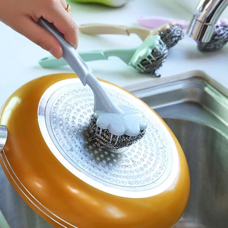 Plum Ball Cleaning Brush with Handle/Sikat Kawat Bola Stainless Steel Gagang Panjang Suspensi/Sikat Panci Cuci Piring &amp; Peralatan Makan/Alat Pembersih Dalam Wastafel Dapur