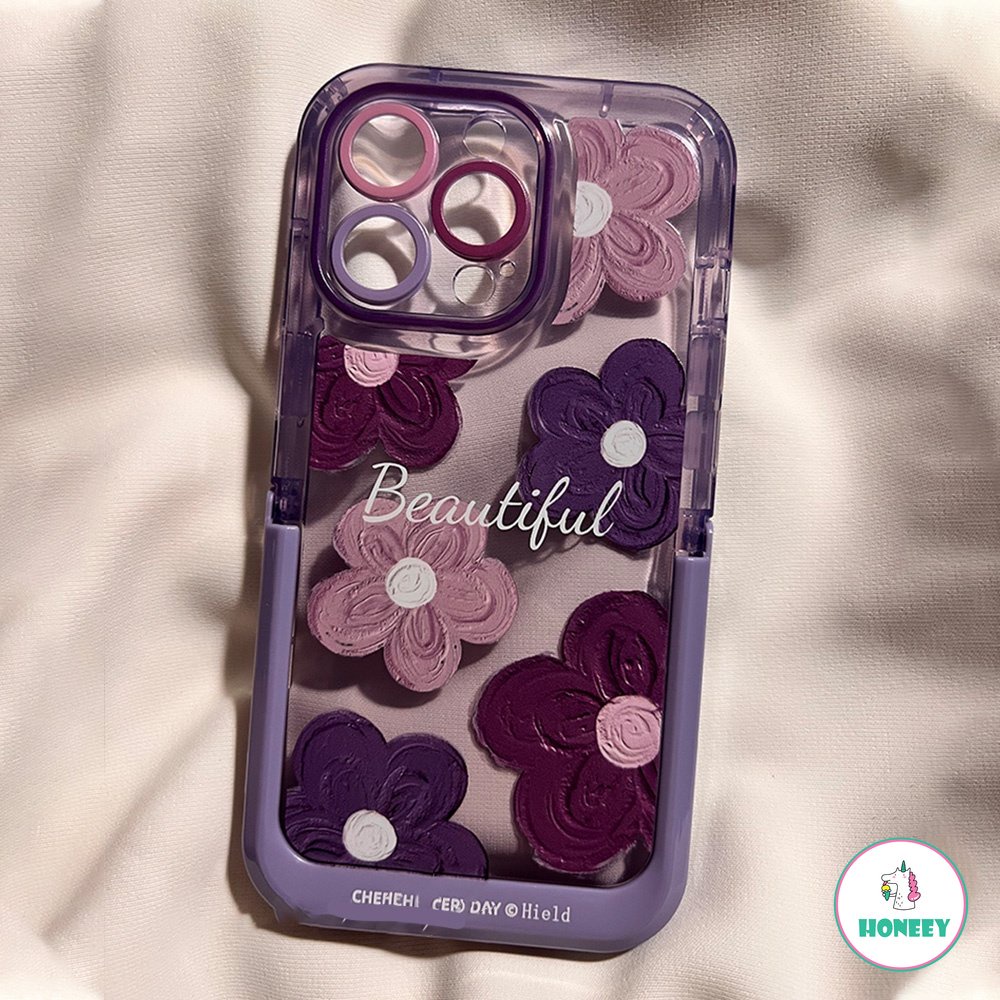 IPHONE Retro Bunga Ungu Tak Terlihat Stand Holder Phone Case Kompatibel Untuk Iphone14 13 12 11 Pro Max 14 Pro Soft Touch Slim Lembut TPU Penutup Belakang