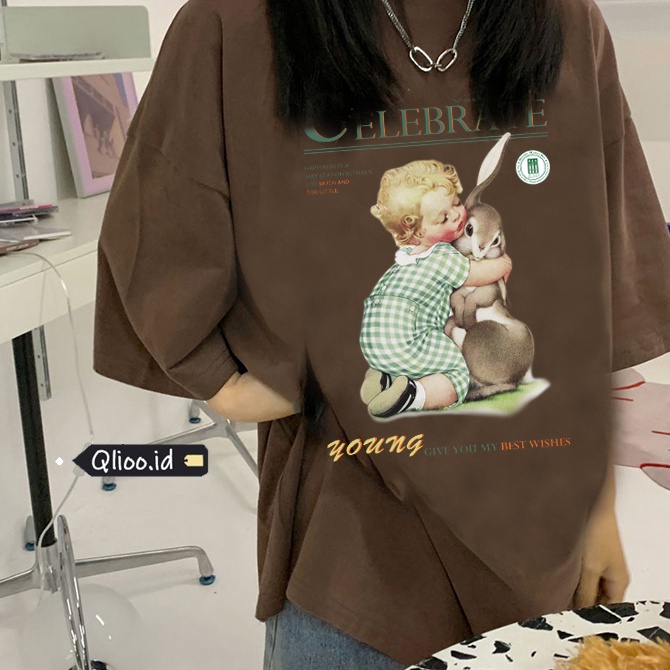 Brown Print T-shirt Kaos Lengan Pendek Cartoon Boy Rabbit Oversize Korean Style