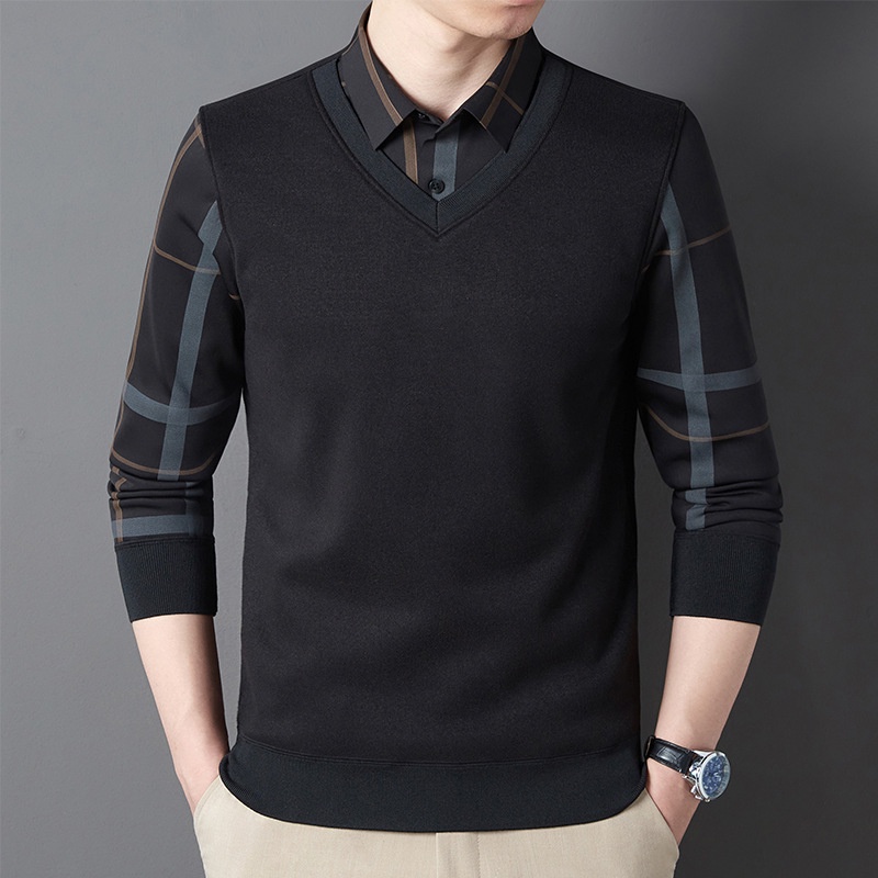 Palsu Dua Potong Pria Sweter Fleece Berlapis Tebal Kaos Kerah Pria Rajut Lengan Panjang   musim ngin