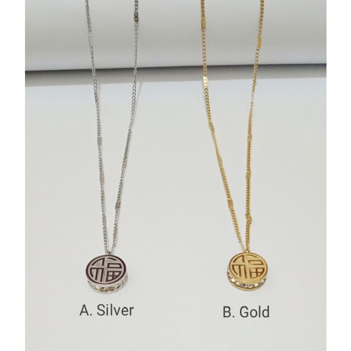 NJ165. Kalung hoki Titanium dewasa lapis emas dgn mata zircon