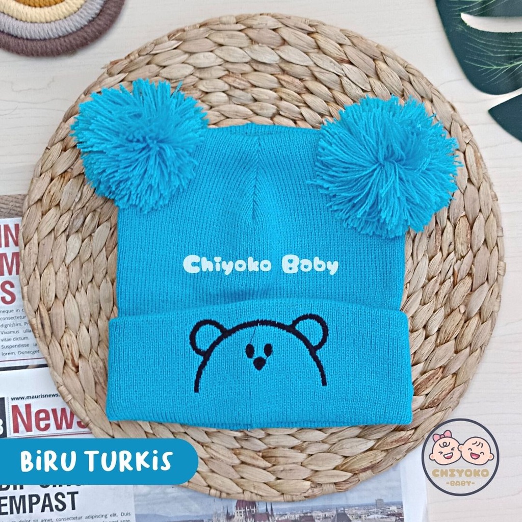 Topi Rajut Kupluk Bayi Pom Pom Premium / Topi Bayi Pom Pom BEAR Anak Laki - Laki Perempuan / Kupluk Baby Pompom BEAR Chiyoko Baby