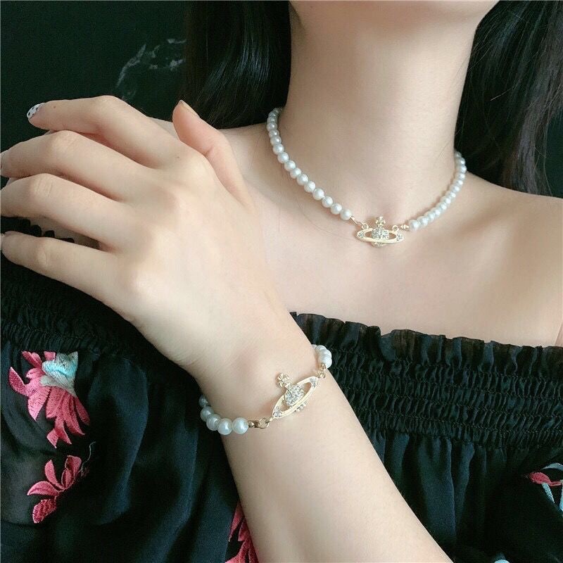 Gelang Kalung Manik-Manik Mutiara Elegan Zirkon Planet Emas Perak Choker Untuk Wanita Fashion Aksesoris Perhiasan