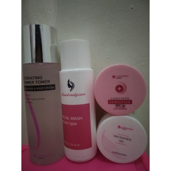 Preloved airinderm Airin beauty set paket facial wash, primer toner, niacinamide gel, sunscreen