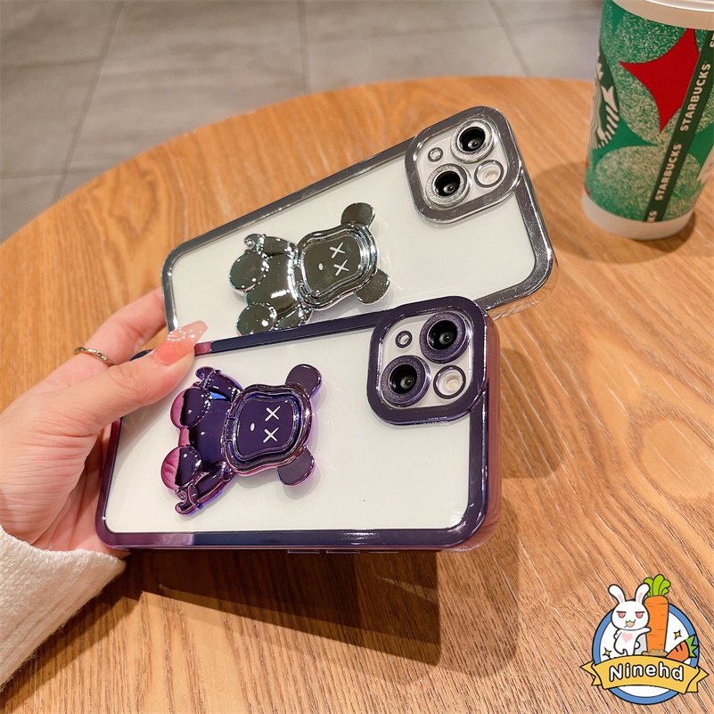 IPHONE Casing Kompatibel Untuk Iphone14 13 12 11 Pro Max Xr Xs Max Se8 7 Plus Plating Mewah Casing Ponsel Bingkai Lensa Logam Full Cover Bear Bracket Tahan Debu Soft Case Cover Pelindung