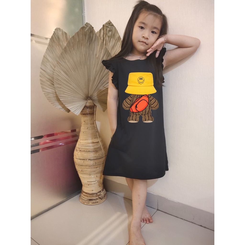 Hzl_outfit Dress Anak Hazel Kerut Lengan Boneka Topi (6-8Tahun)