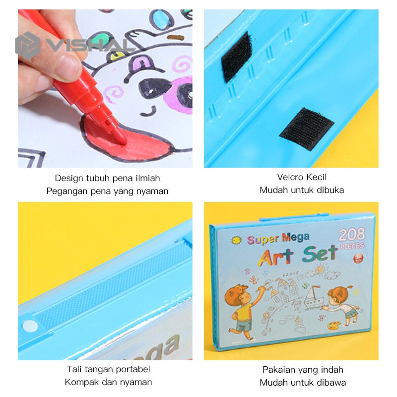 VISHAL Crayon Anak Pengasah 208pcs Set Alat Menggambar Melukis Anak-anak Crayon Cat Air Pensil VS-1859