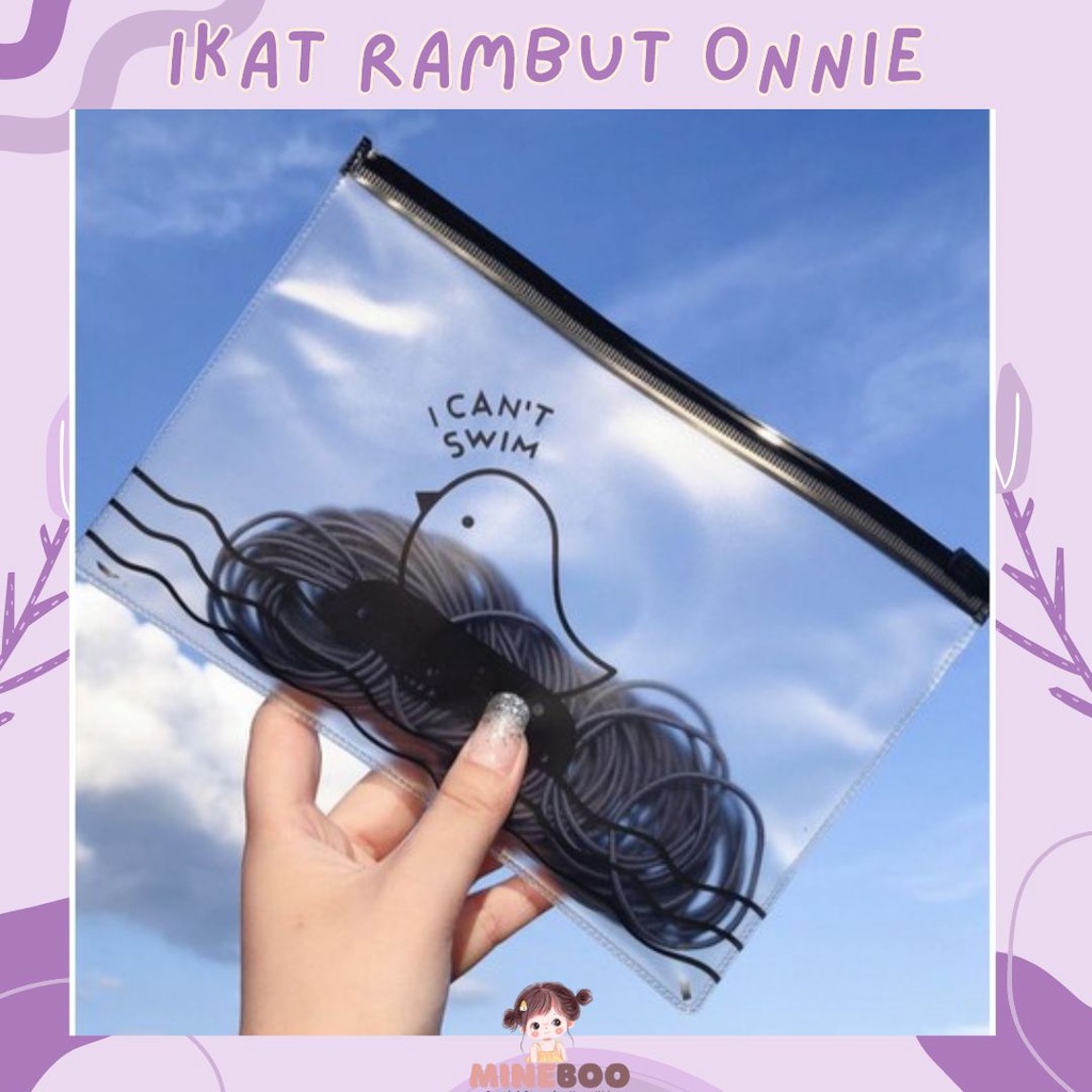 mineboo - IKAT RAMBUT ONNIE 100pcs + pouch ikat rambut karet polos warna-warni anak dewasa import ala korea