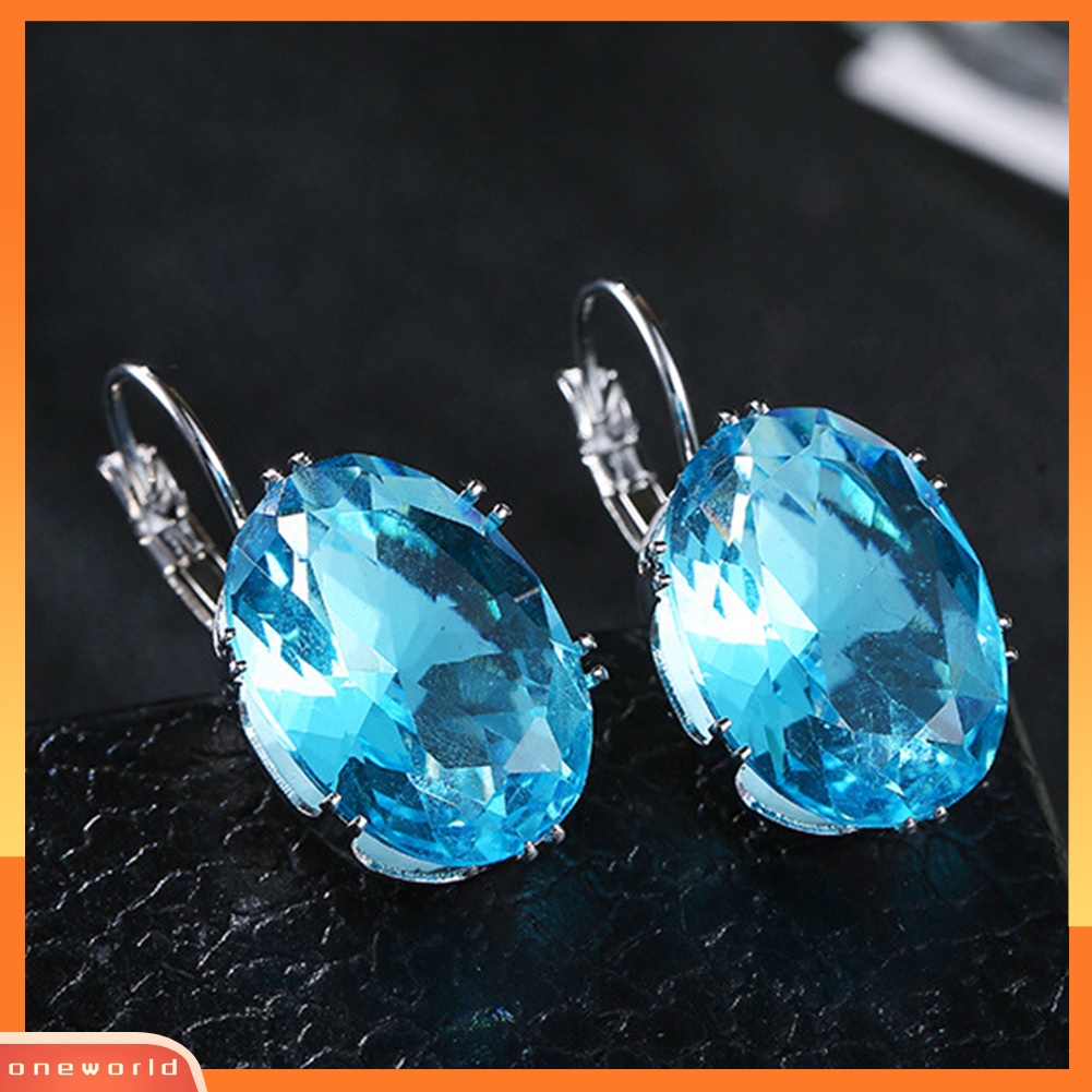 {oneworld} Elegan Wanita Oval Batu Permata Imitasi Hias Menjuntai Leverback Earrings Perhiasan Hadiah