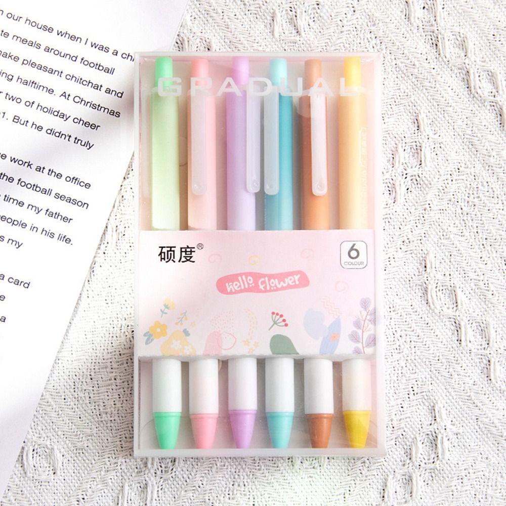 R-flower 6Pcs/Set Pena Gel Perlengkapan Kantor Sekolah Gaya Mutil Dengan Klip Alat Tulisan Tinta Hitam Tekan Type Signature Pen