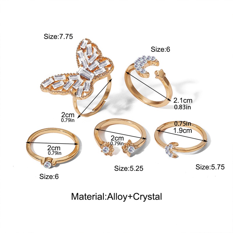 5pcs/set Cincin Bohemian Gelombang Bunga Untuk Wanita Vintage Geometris Mutiara Butterfly Metal Chain Knuckle Rings