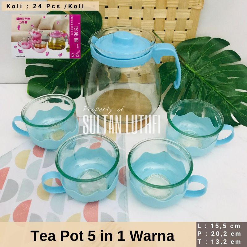 Tea Pot Set Kaca 5 In 1 Dengan Saringan Tea Pot 5in1 Tea Pot Saringan Tea Pot Warna Teko Kaca Gelas 