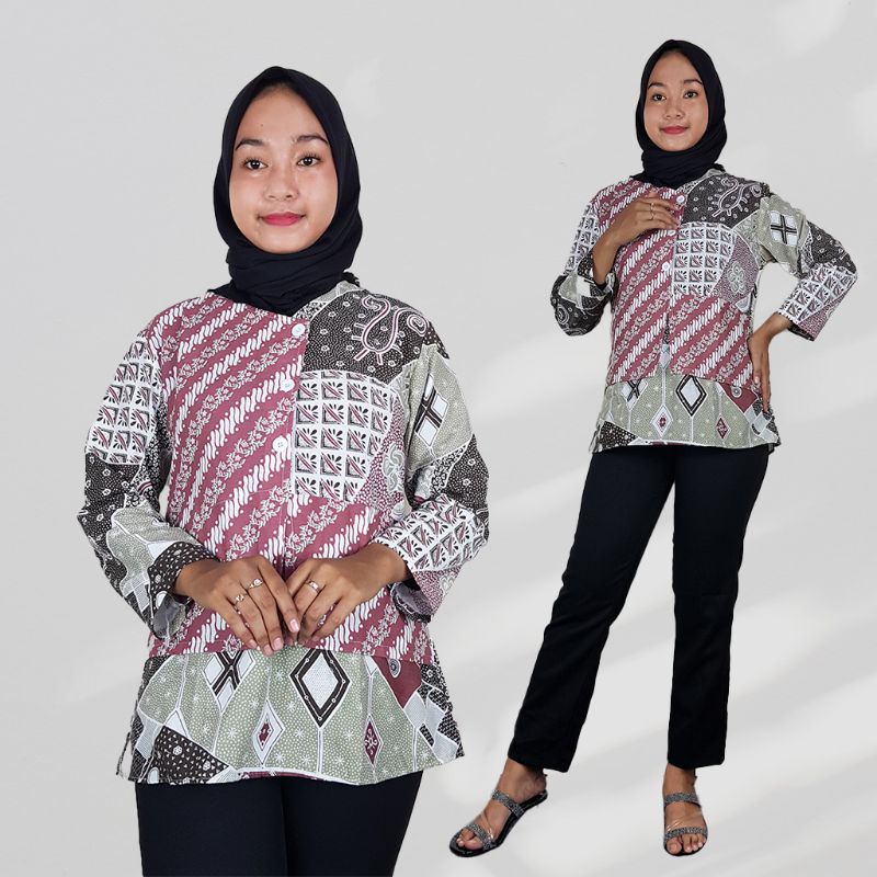 Blouse Batik Wanita Motif Kombinasi Lengan Panjang- Naira Batik