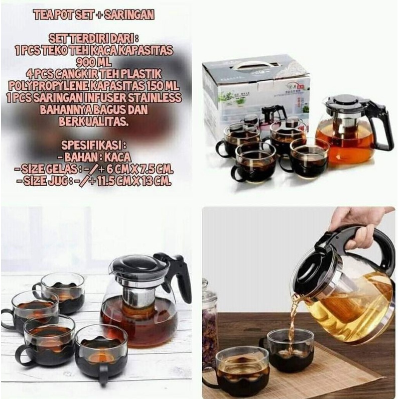 (COD) TEA POT KACA+ SARINGAN FREE BUBBLE / Tea Pot Murah / Teko Kaca Plus Gelas