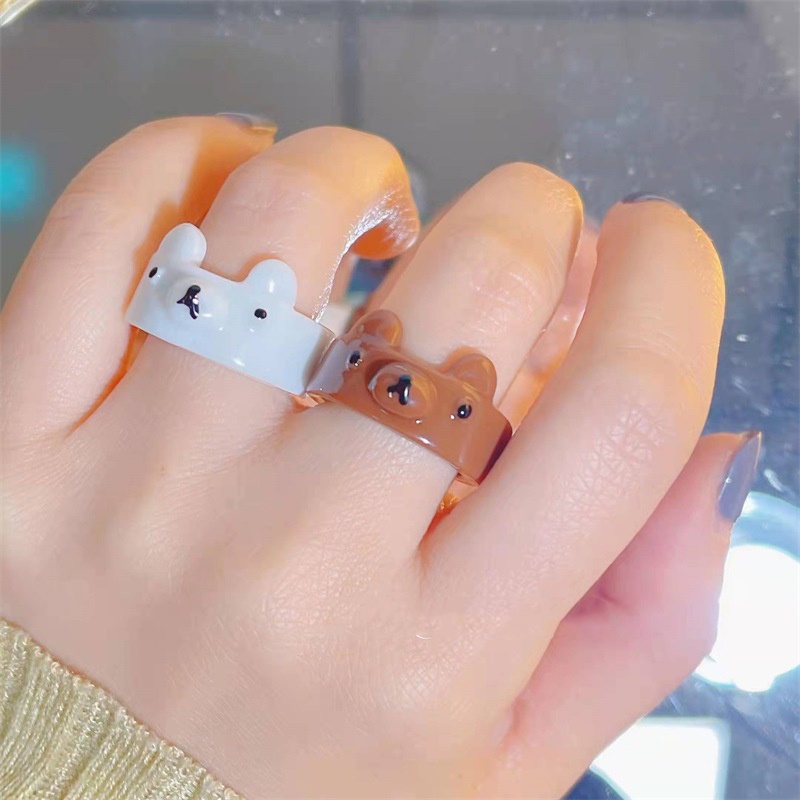 We Flower Candy Color Cute Resin Bear Cincin Untuk Wanita Gadis Anak Korea Acrylic Finger Rings Fashion Couple Ring Persahabatan Perhiasan Hadiah