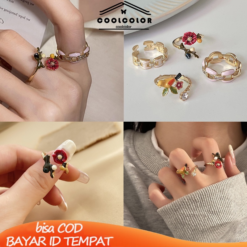 COD❤️Cincin Model Terbuka Bahan Alloy Desain Bungaburung Hias Berlian Imitasi Untuk Wanita Aksesori Cincin Serbaguna- cl